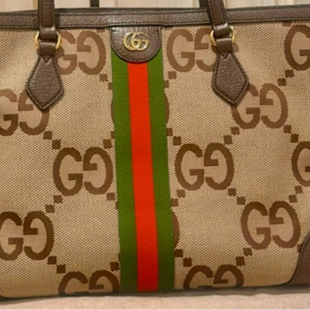 Authentic Gucci Monogram Jumbo GG Textured Calfskin Ophidia Tote Camel Ebony✨ - Picture 5 of 17